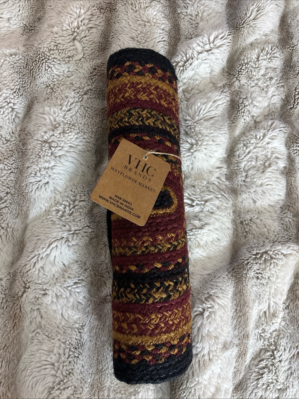 VHC Brands JUTE Burgundy/Tan/Black, India Braided Oval Table Runner 13” x 36”